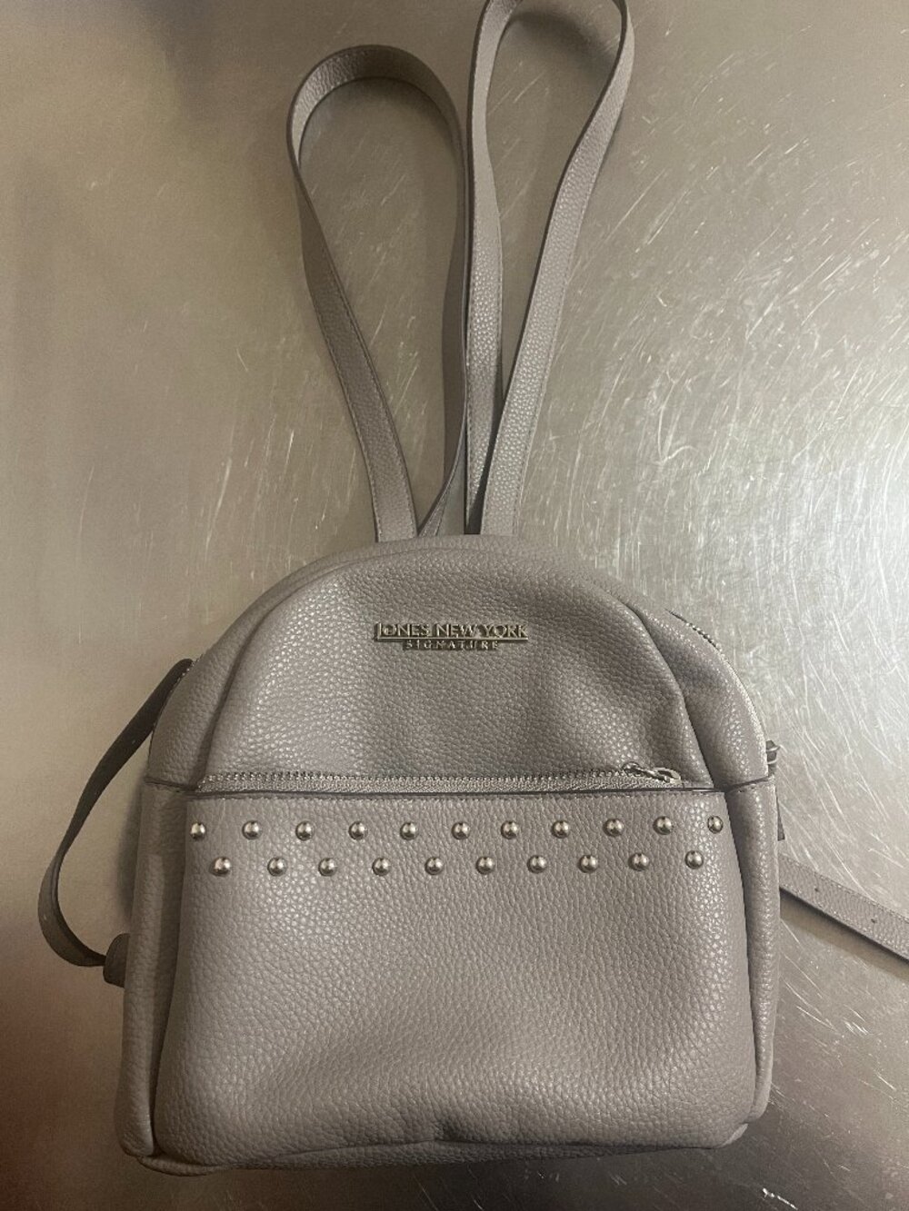 JONES New York Light Gray Signature Pebbled Faux Leather Mini Backpack
